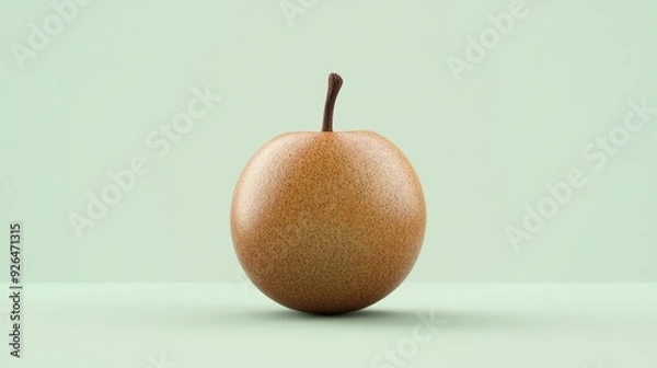 Fototapeta A 3D cartoon chico fruit with a round brown surface, placed on a light green background.