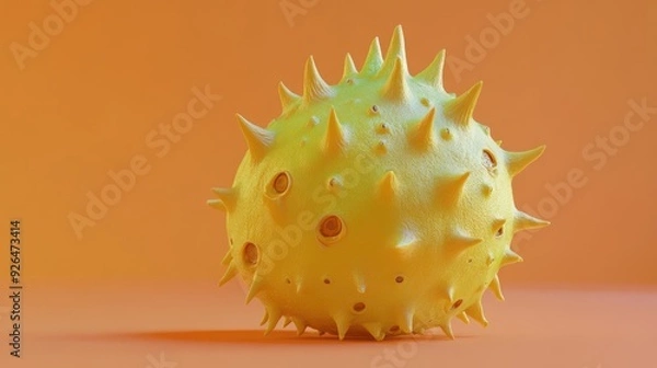 Fototapeta A 3D cartoon horned melon with a spiky yellow and green surface, centered on a soft orange background.