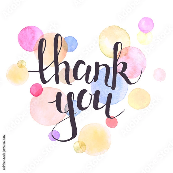 Fototapeta Thank you lettering with watercolor spots on background. Modern typography. Thank you colorful greeting card calligraphy design.