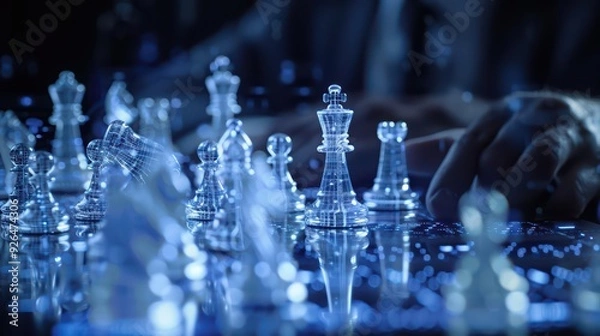 Fototapeta Visionary leaders in a hightech environment play a game of chess with ghostly pieces that transform based on their innovative business ideas