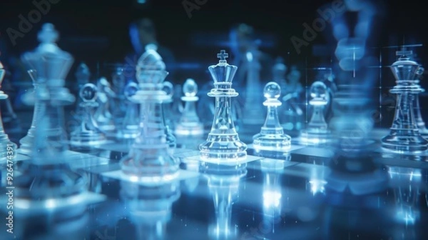 Fototapeta Visionary leaders in a hightech environment play a game of chess with ghostly pieces that transform based on their innovative business ideas
