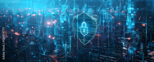 Obraz Digital cityscape with a glowing lock and shield symbolizing cybersecurity in a connected world. Cybersecurity and data protection concepts.