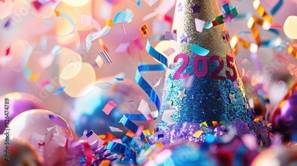 Fototapeta A close-up of a party hat with "2025" written in glitter, surrounded by confetti and streamers.