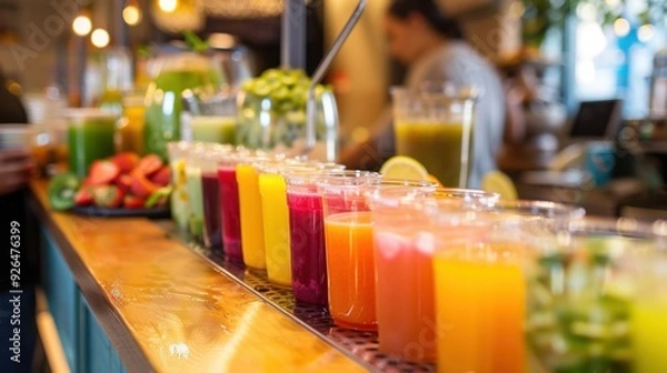 Fototapeta A fresh juice bar counter with various colorful smoothies, highlighting healthy beverage choices.