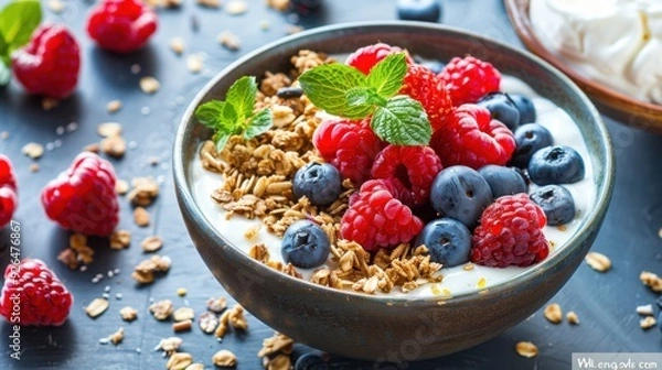Fototapeta A healthy breakfast with yogurt, granola, and fresh berries in a bowl, promoting balanced eating.