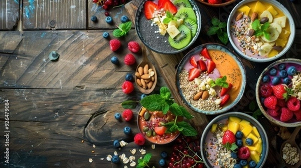 Fototapeta Healthy smoothie bowls topped with fruits, seeds, and nuts, arranged on a wooden table, promoting nutritious breakfast options.