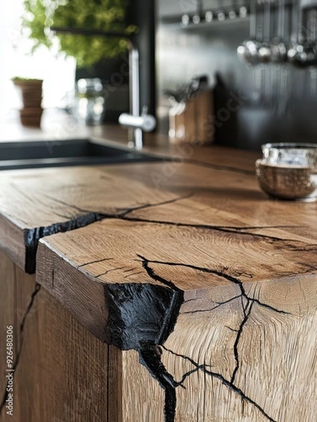 Fototapeta Natural Oak Kitchen Countertop Detail Enhancing Rustic Interiors with Warmth and Character