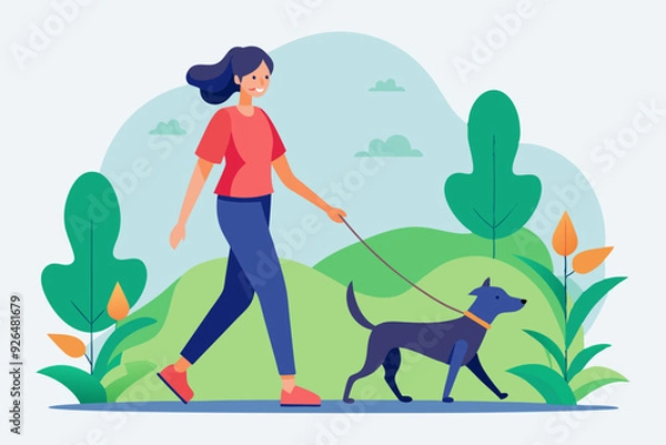 Fototapeta Woman is walking with a dog. Vector illustration in a flat style
