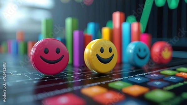 Fototapeta Consumer sentiment analysis, emotive faces and colorful charts, 3D illustration