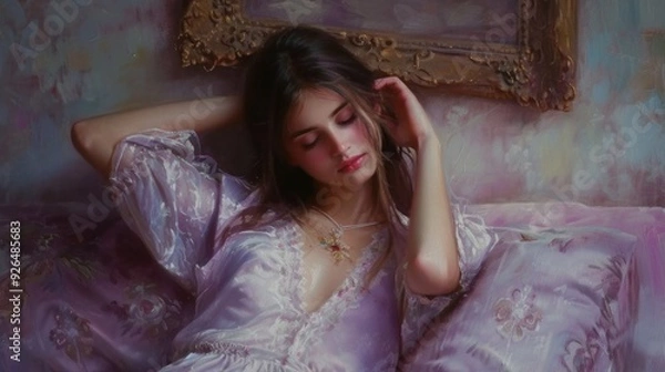 Fototapeta Sleeping young lady in bed. AI generative.