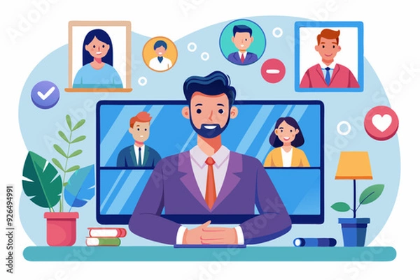 Obraz Video conference. Business communication with colleagues online. A man being at home communicates
