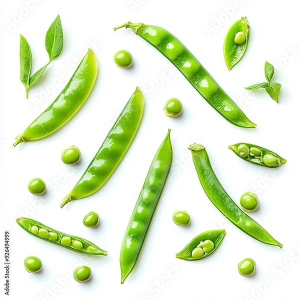 Fototapeta Fresh snap peas, some whole and some split open, floating with a dynamic arrangement, showing the vibrant green color and seeds inside, isolated on a white background