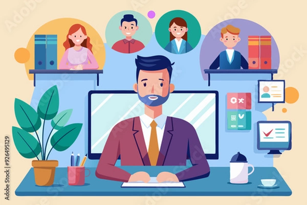 Obraz Video conference. Business communication with colleagues online. A man being at home communicates
