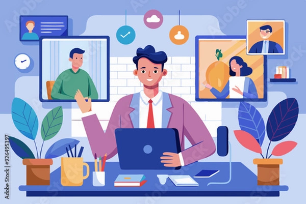 Obraz Video conference. Business communication with colleagues online. A man being at home communicates
