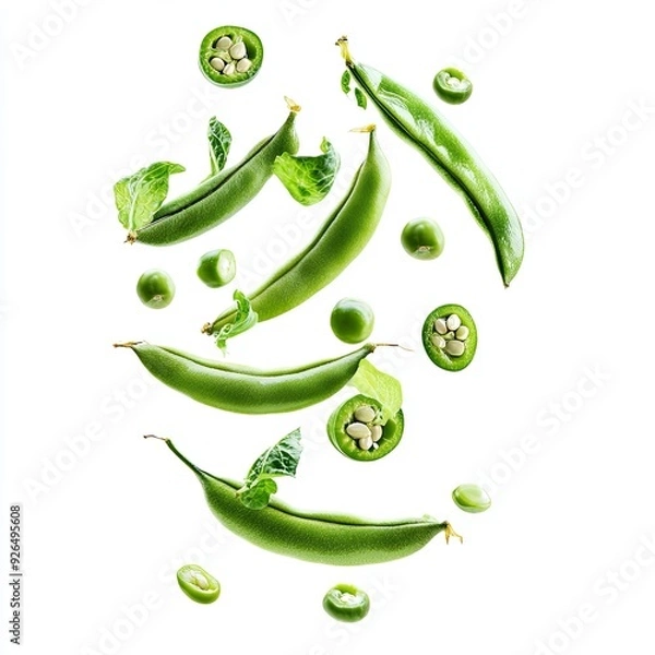 Fototapeta Fresh green beans, some whole and some sliced, floating in the air with a dynamic arrangement, showing the vibrant green color and seeds inside, isolated on a white background