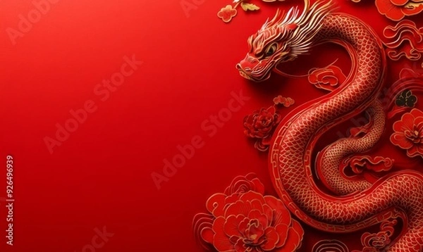 Fototapeta Elegant Snake Zodiac: Traditional Chinese New Year Paper-cut Design on Red Background. Festive Lunar Celebration Artwork with Auspicious Clouds and Cultural Symbols. High-End 4K Wallpaper for Marketin