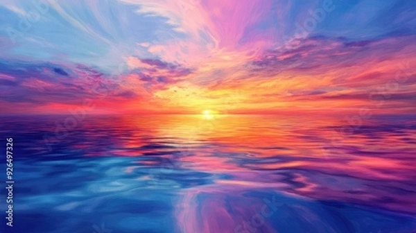 Fototapeta Vibrant sunset over a calm lagoon, with the water reflecting the colorful sky and a soft breeze creating gentle ripples.