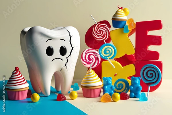 Fototapeta Dental sad cartoon tooth with colourful candies and sweets. Concept of hygiene and proper healthy nutrition. AI