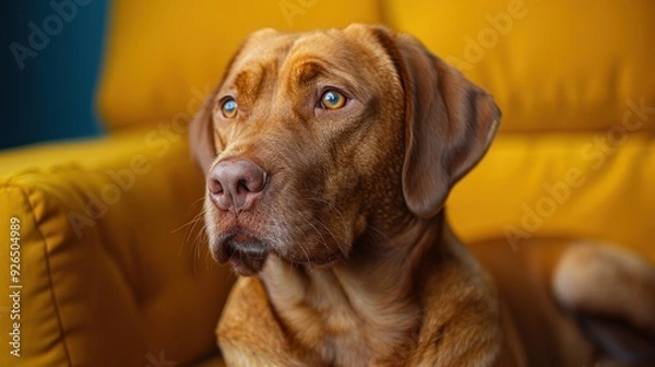 Fototapeta Golden retriever resting calmly on a yellow armchair in a cozy indoor setting during daylight