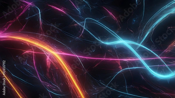 Fototapeta Abstract Neon Flow: Vibrant, swirling neon lines dance across a dark background, creating an ethereal and futuristic aesthetic. This captivating digital art piece is perfect for projects that require 