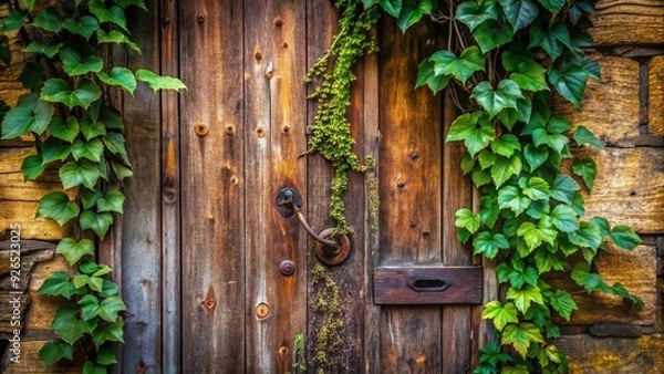 Fototapeta Rustic wooden door with worn metal doorknob and vines crawling up the wall, evoking a sense of nostalgia and abandonment in a rural setting.