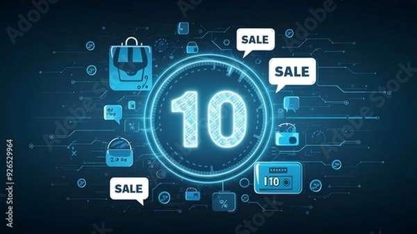 Obraz Internet shopping, rebate and deal idea with blue advanced gleaming 10 symbol on dull background with discourse rises with percent sign. 3D rendering