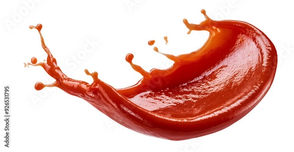 Fototapeta floating mid-air splash of tomato ketchup or sauce isolated transparent background, with droplets scattered dynamic fluidity flavor food freshness, culinary artistry. cut out, PNG.