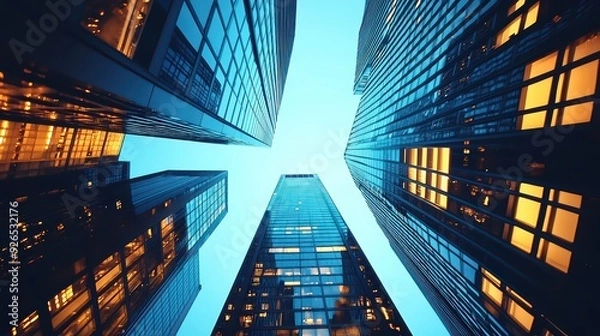 Fototapeta A stunning view of skyscrapers from below, showcasing glass facades and a vibrant blue sky with hints of orange light.