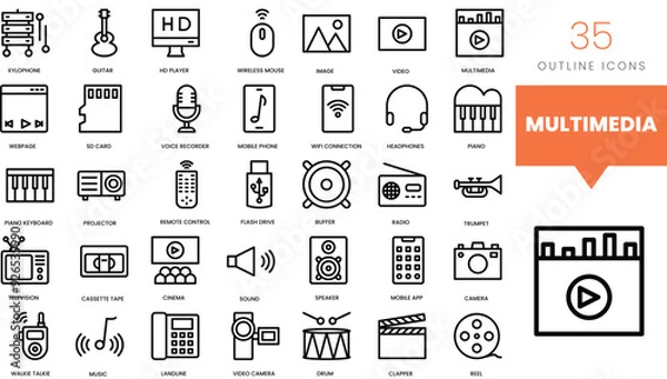 Obraz Set of minimalist linear multimedia icons. Vector illustration