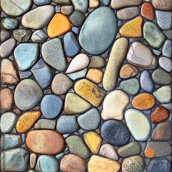 Fototapeta Colorful pebbles create a lively and textured background, each stone unique in color and shape, forming a natural mosaic