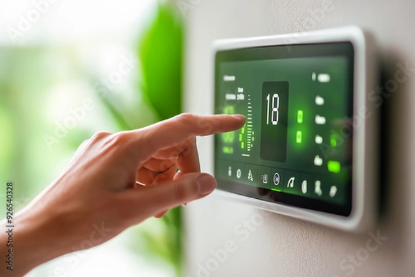 Fototapeta Thermostat smart home domotic control panel on wall for winter house temperature banner panoramic. Energy saving hand touching to adjust temperature of heating in living room.