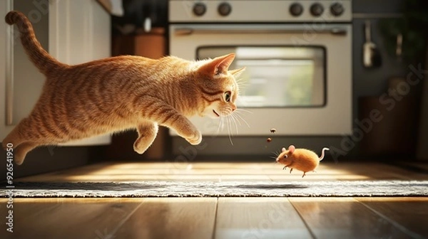 Fototapeta Orange cat and mouse jumping around in the kitchen.