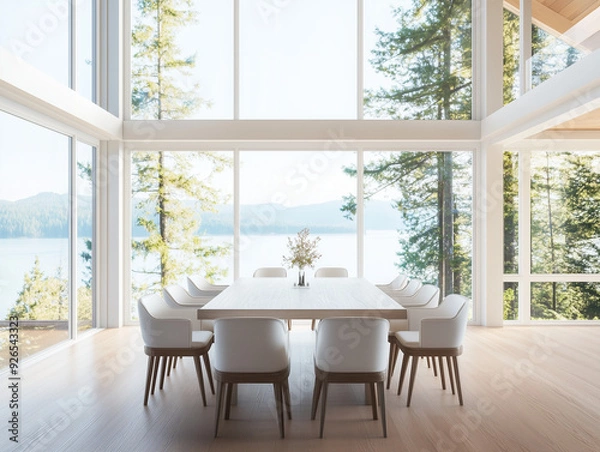 Fototapeta Luxury minimalist dining room, two floor high ceiling. Sea view outside the window. Spacious dining table.