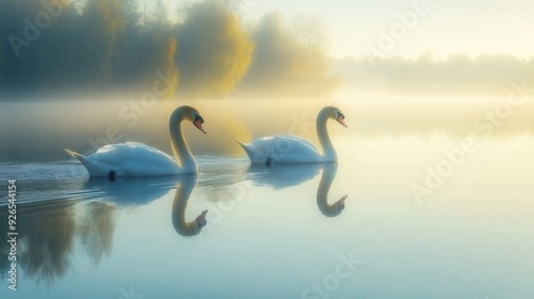Fototapeta Two Swans on a Misty Lake