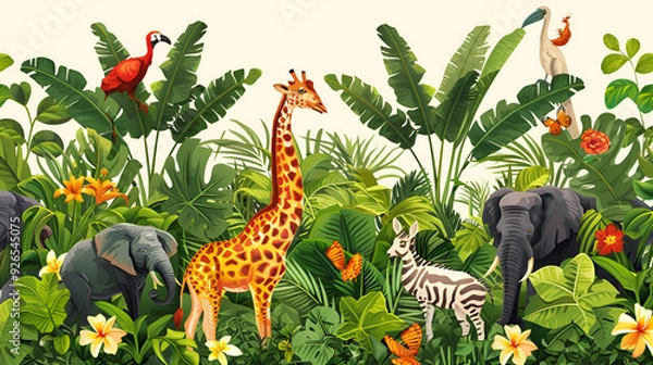 Obraz Seamless border with jungle animals flowers