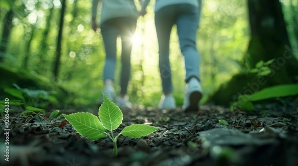 Obraz An ad featuring a couple enjoying a walk in the forest, highlighting the mental health benefits of spending time outdoors