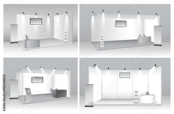 Fototapeta set of realistic trade exhibition chair and table or white blank exhibition kiosk or stand booth corporate commercial. 3D Render