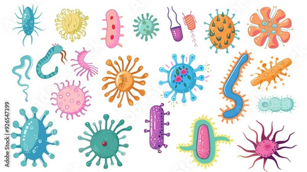 Fototapeta Set of different microorganisms isolated on white background