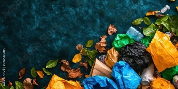 Fototapeta A pile of trash with a blue bag on top. The trash is scattered all over the ground, with some of it being plastic bags and bottles