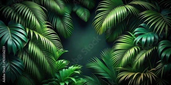 Fototapeta Dark green exotic palm leaves creating a natural background in a tropical jungle setting , palm leaves, tropical, jungle