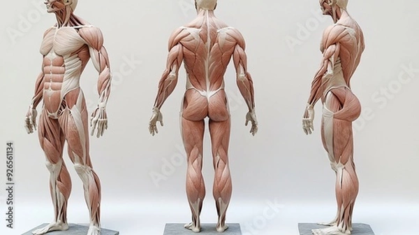 Fototapeta 3D Human Muscular System: A realistic 3D model displaying all major muscle groups in the human body, from different angles.