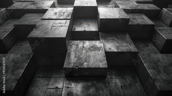 Obraz Abstract geometric pattern of industrial metallic cubes in a dark monochromatic setting.