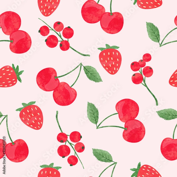 Obraz Strawberry, cherry and currant pattern. Seamless summer background with watercolor red berries	