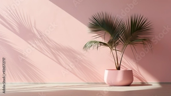 Fototapeta A potted palm tree casts shadows on a pink wall, creating a serene indoor atmosphere.