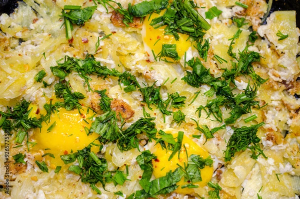 Fototapeta Fried potatoes in a cast iron frying pan with three broken chicken eggs. Three whole yolks are sprinkled with finely chopped arugula and dill.