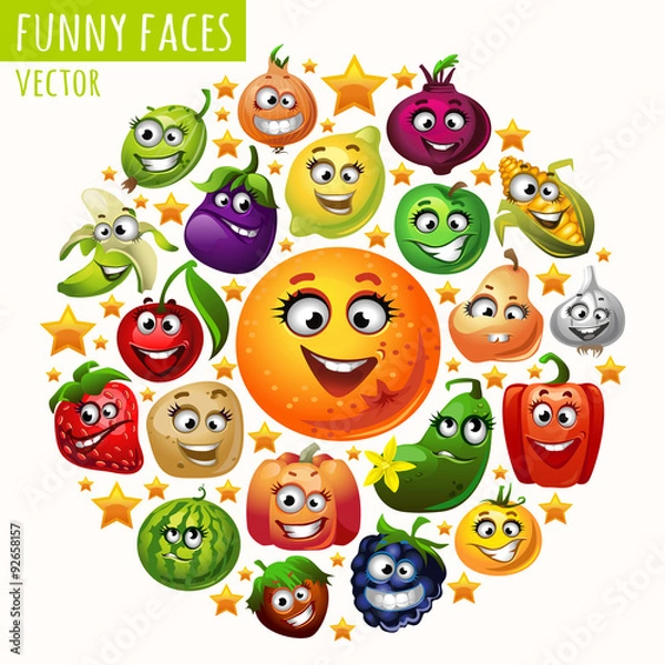 Fototapeta The circle of fruits and vegetables funny faces