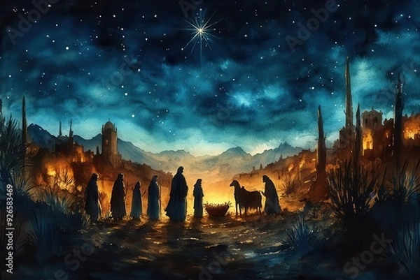 Obraz ethereal watercolor nativity scene muted blue tones creating night desert atmosphere silhouettes of shepherds approaching manger star of bethlehem illuminating sky