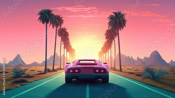 Fototapeta Car ride on the morning road in 80s retro synthwave or 00s vaporwave style.