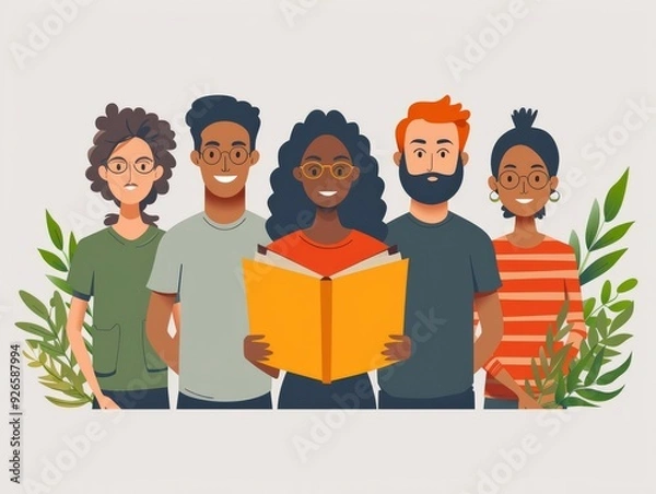 Fototapeta Diverse Group of People Reading a Book Together in a Modern Illustrated Style with Plants in the Background