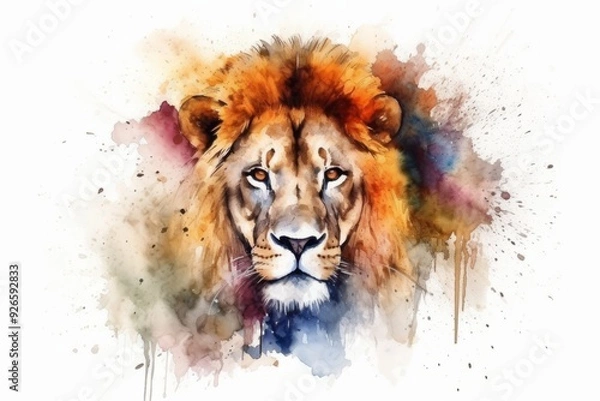 Fototapeta A vibrant watercolor painting of a lion's head on a white background. The artwork uses a blend of colors, including orange, brown, blue, and purple, to create a dynamic and expressive portrait
